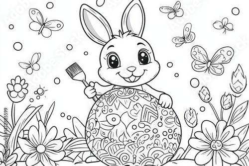 Cute Easter bunny holding a paintbrush while decorating a large patterned egg, surrounded by flowers and butterflies in a black and white springtime coloring page illustration.