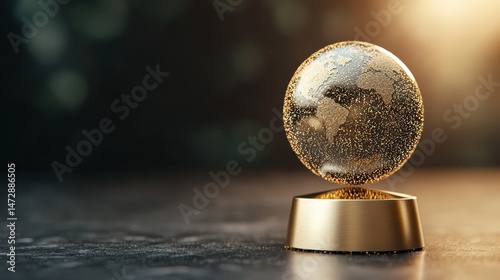 A golden glass globe rests on a metallic base, illuminated by warm light with a blurred background.