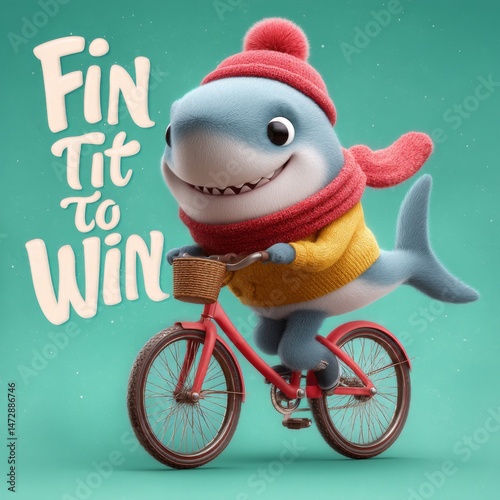 Shark character riding a bicycle, promoting fitness and fun in a colorful winter setting