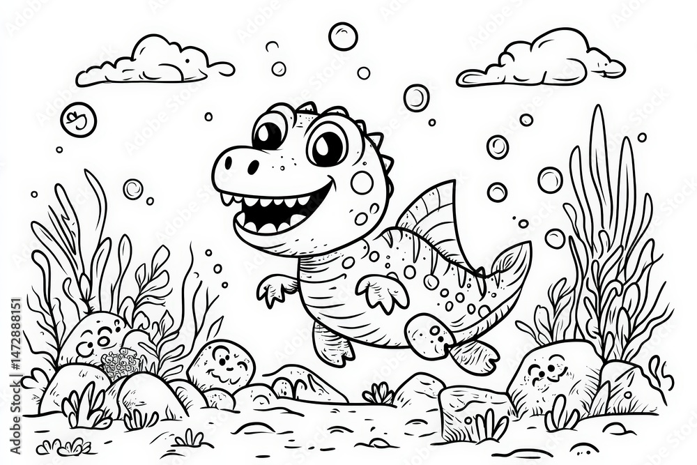 Fototapeta premium Black and white line art of a smiling baby sea dinosaur swimming underwater surrounded by seaweed, coral, bubbles, and rocks. Fun and educational coloring page for kids.