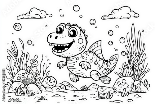 Fototapeta Naklejka Na Ścianę i Meble -  Black and white line art of a smiling baby sea dinosaur swimming underwater surrounded by seaweed, coral, bubbles, and rocks. Fun and educational coloring page for kids.