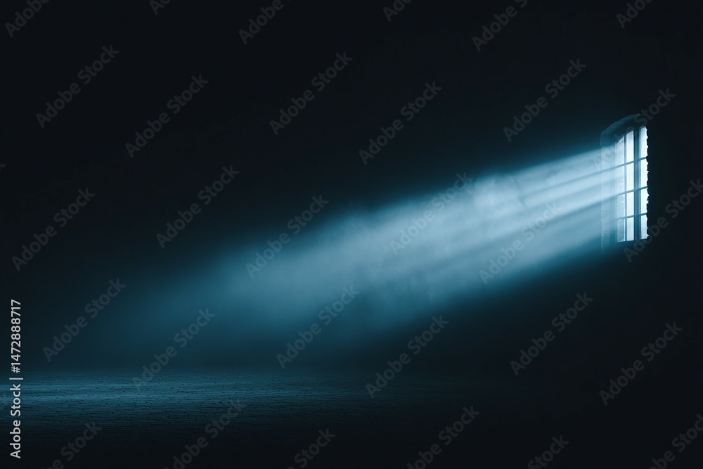 Fototapeta premium Light shines through a window into a dark room creating a beam.