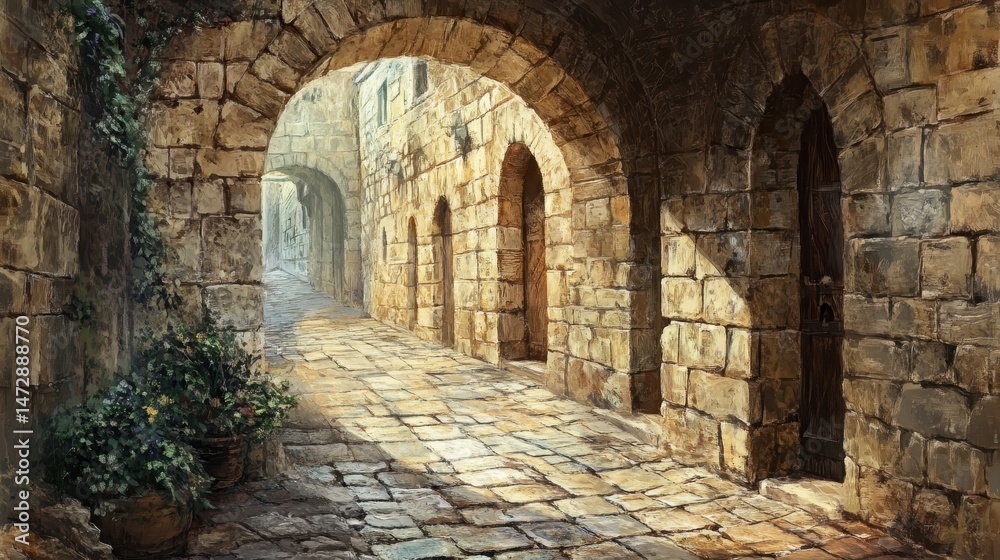 Fototapeta premium Ancient Jerusalem: Alleyway of the Old City with Hand-Carved Stone Streets and Arches in Israel