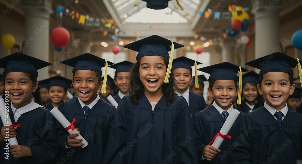 Obraz premium Children celebrate graduation. Dressed in caps and gowns, they proudly display their diplomas, symbolizing achievement and a bright future.