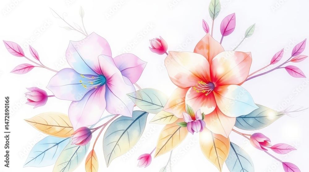 Fototapeta premium Elegant Watercolor Floral Illustration with Colorful Leaves