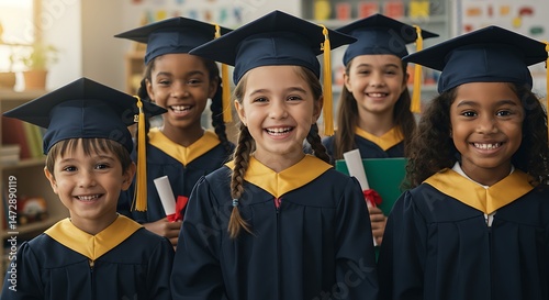 Diverse group of smiling children in graduation gowns and caps, beaming with pride and holding their diplomas, ready for their future.