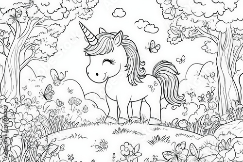 Black and white line art of a happy unicorn standing in a meadow surrounded by flowers, butterflies, mushrooms, and trees. Perfect for kids’ coloring books or magical-themed activities.