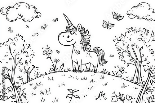 Black and white line art of a happy unicorn standing in a meadow surrounded by flowers, butterflies, mushrooms, and trees. Perfect for kids’ coloring books or magical-themed activities.
