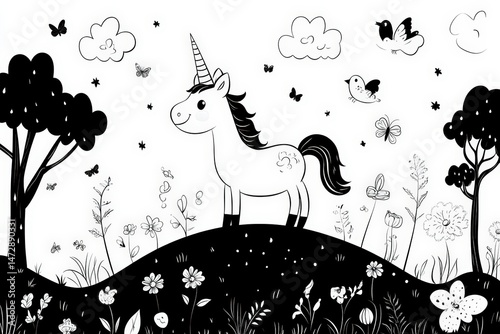 Black and white line art of a happy unicorn standing in a meadow surrounded by flowers, butterflies, mushrooms, and trees. Perfect for kids’ coloring books or magical-themed activities.