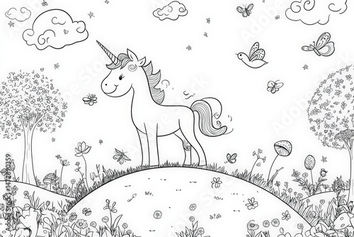 Black and white line art of a happy unicorn standing in a meadow surrounded by flowers, butterflies, mushrooms, and trees. Perfect for kids’ coloring books or magical-themed activities.