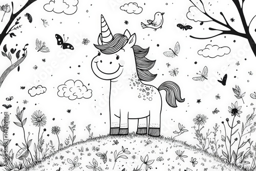 Black and white line art of a happy unicorn standing in a meadow surrounded by flowers, butterflies, mushrooms, and trees. Perfect for kids’ coloring books or magical-themed activities.