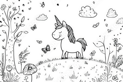 Black and white line art of a happy unicorn standing in a meadow surrounded by flowers, butterflies, mushrooms, and trees. Perfect for kids’ coloring books or magical-themed activities.