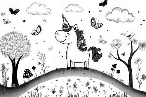 Black and white line art of a happy unicorn standing in a meadow surrounded by flowers, butterflies, mushrooms, and trees. Perfect for kids’ coloring books or magical-themed activities.
