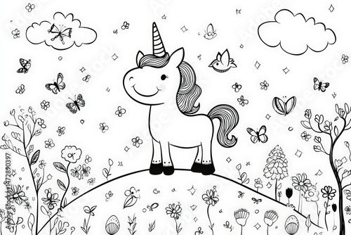 Black and white line art of a happy unicorn standing in a meadow surrounded by flowers, butterflies, mushrooms, and trees. Perfect for kids’ coloring books or magical-themed activities.