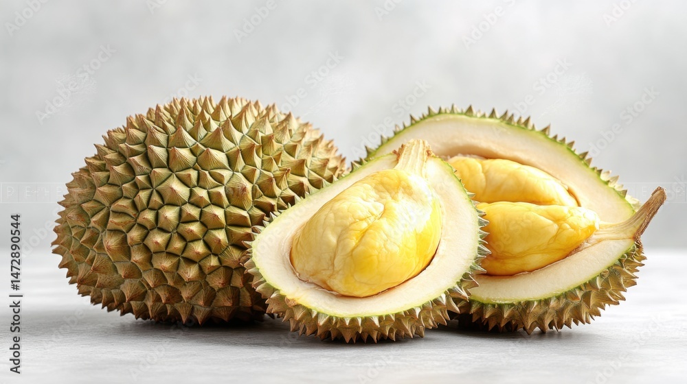 Fototapeta premium Durian fruit cut open with soft rich yellow pulp inside isolated on white background macro detail tropical food stock