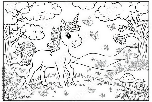 Black and white line art of a happy unicorn standing in a meadow surrounded by flowers, butterflies, mushrooms, and trees. Perfect for kids’ coloring books or magical-themed activities.