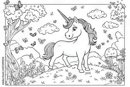 Black and white line art of a happy unicorn standing in a meadow surrounded by flowers, butterflies, mushrooms, and trees. Perfect for kids’ coloring books or magical-themed activities.