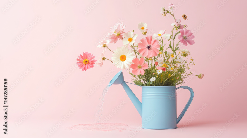 Floating Garden: Watering Can and Flowers on Light Pink Floating Garden: Watering Can and Flowers on Light Pink