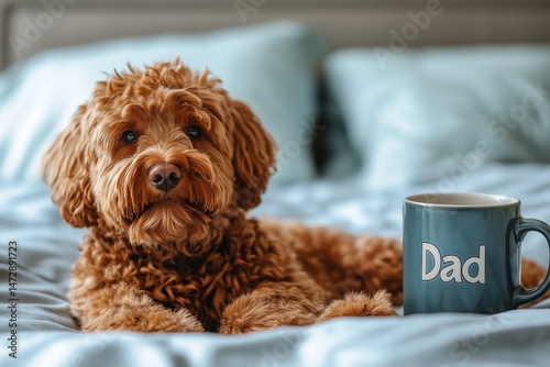 A curly-haired dog sitting on a bed next to a blue mug labeled 'Dad' with pillows in the background