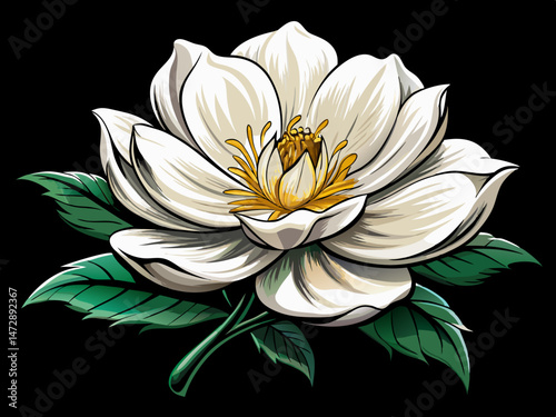 vector of A white flower on a black background, creating a striking contrast that highlights the delicate details and purity of the flower.