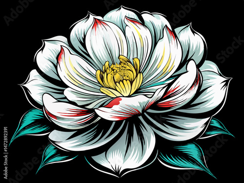 vector of A white flower on a black background, creating a striking contrast that highlights the delicate details and purity of the flower.