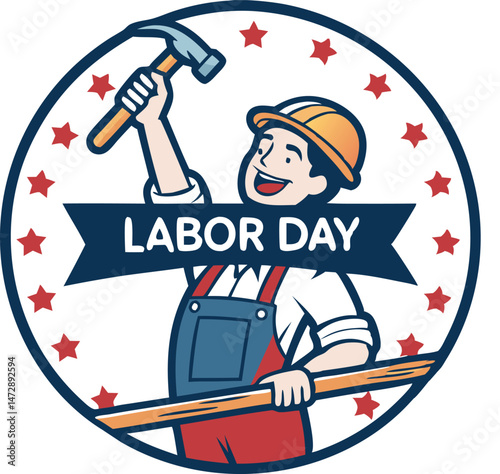 Cartoon Worker with Hammer in Labor Day Circle Badge Illustration