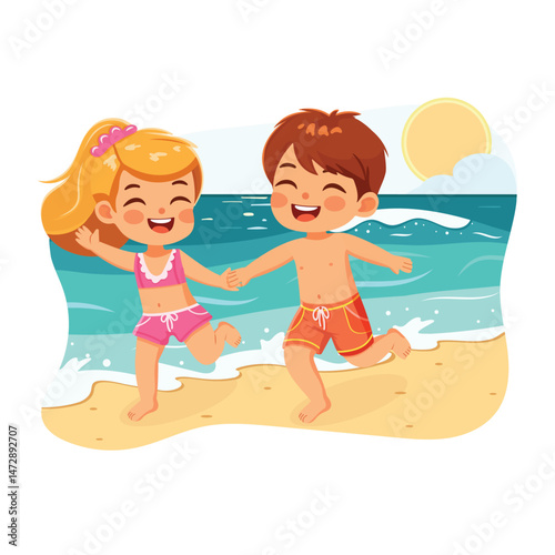 Happy children of different nationalities running holding hands on the beach in bathing suits on white background. Poster, Banner, Flyer, Summer time. Vector illustration in flat cartoon style