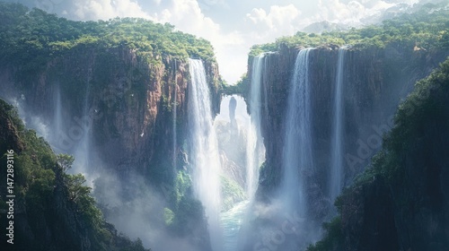 Two waterfalls cascading from opposite sides of a cliff