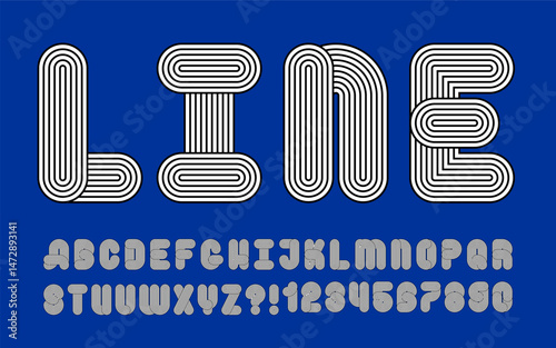 Parallel line alphabet, bold typography and geometric shapes. Curved modern vector elements. Minimalist style abstract forms. Outlined pattern numbers, circled stroke font. Sport round brand identity