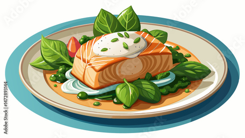 Poached salmon fillet rested on a bed of sautéed spinach, smothered in a light and zesty white wine sauce, and finished with a dollop of crème fraîche , Very beautiful
