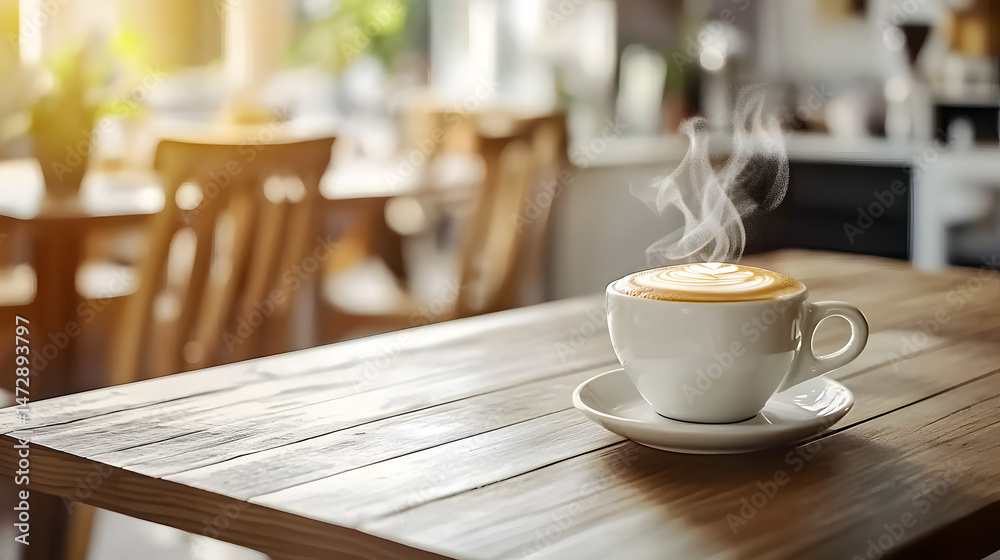 Fototapeta premium A Quiet Morning Caf Scene with A Steaming Cappuccino O 3398b2dd Af83 407a 97db 87a3c9370710 2