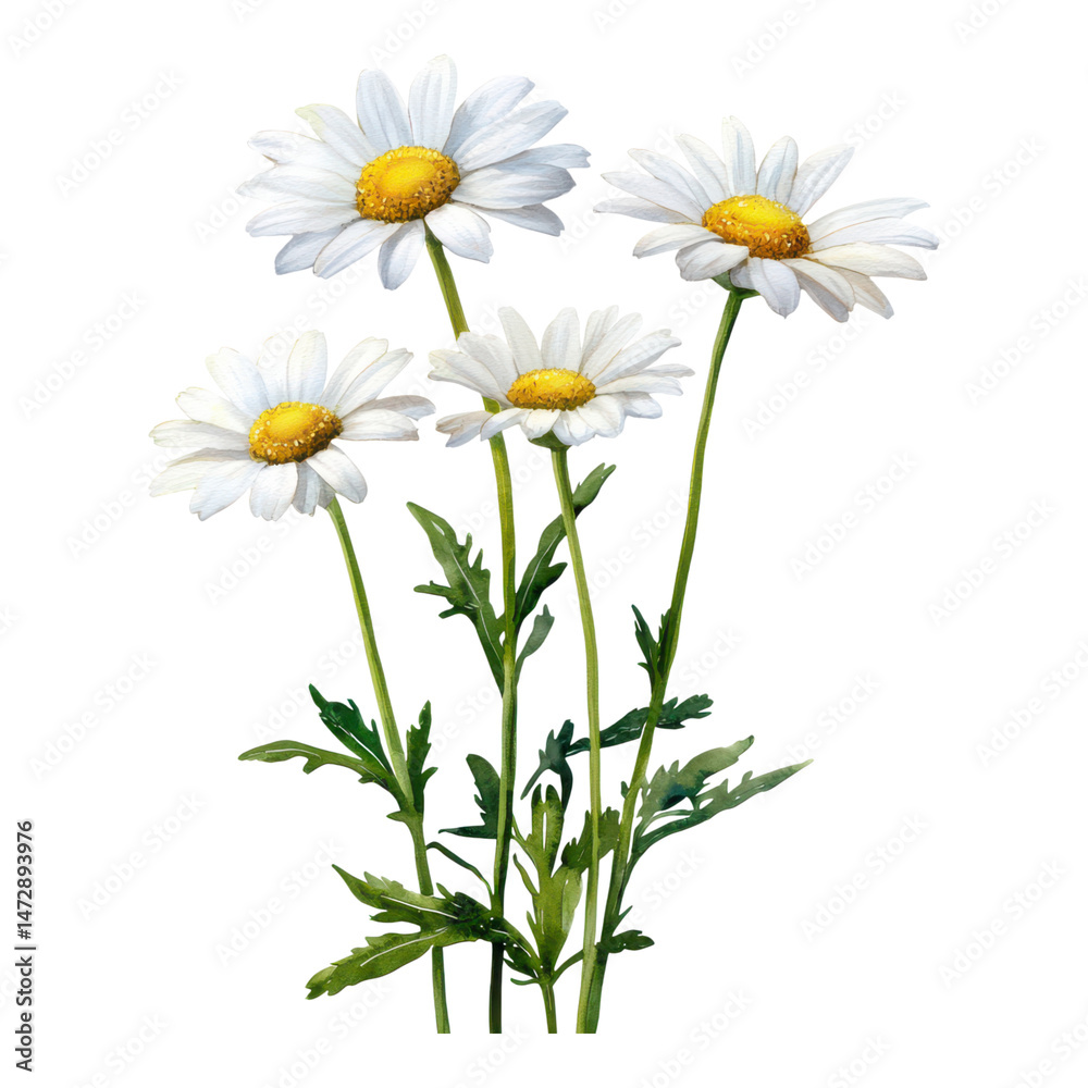 Fototapeta premium Four blooming daisies with white petals and yellow centers on green stems and leaves.