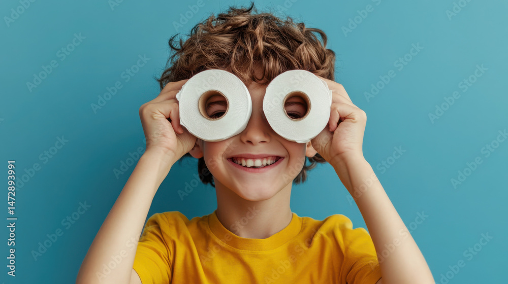 Fototapeta premium Boy Playfully Holding Toilet Paper Rolls During Pandemic Hype