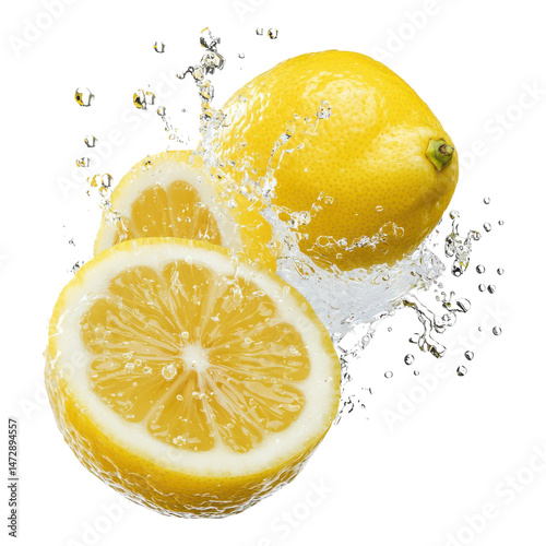 Fresh lemon and a juicy lemon slice with splashing water.