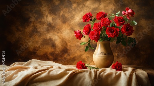 Stunning bouquet of red roses in a classic vase on elegant drapery