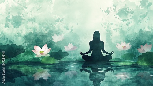   A painting depicts a person sitting cross-legged in the lotus stance before a tranquil lake with floating water lilies