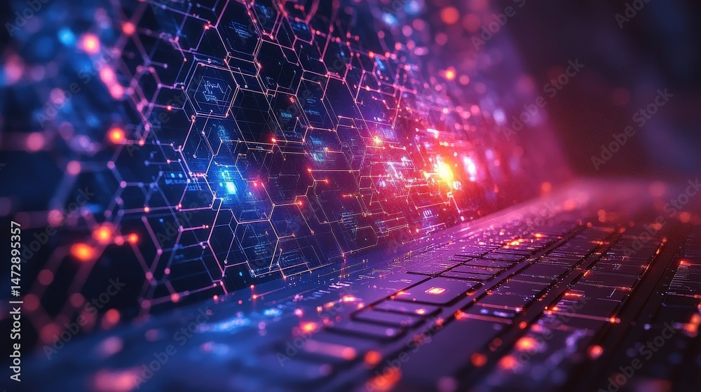 Futuristic laptop displaying vibrant digital network, illuminated in a tech-themed environment Futuristic laptop displaying vibrant digital network, illuminated in a tech-themed environment