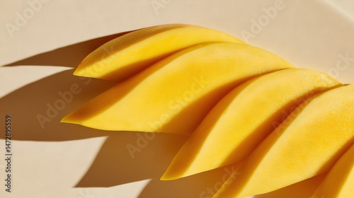   A photo of several bright yellow bananas placed on a clean white dish, with the reflection of another banana in the background