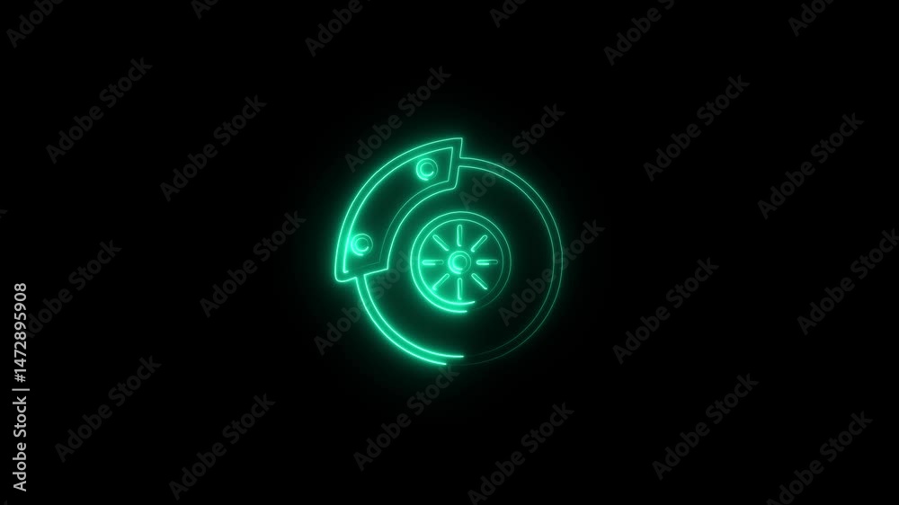 Glowing neon line Car brake disk with caliper icon isolated on black background. 4K Video motion graphic animation Glowing neon line Car brake disk with caliper icon isolated on black background. 4K Video motion graphic animation