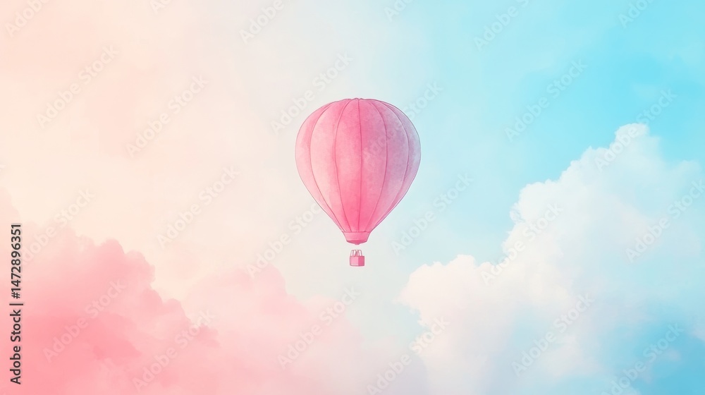 Obraz premium A watercolor artwork shows a hot air balloon soaring through clouds that are softly colored in pastel shades