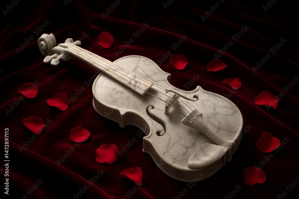 Obraz premium A marble violin sculpture with red rose petals on dark velvet fabric, evoking elegance and romantic symbolism.