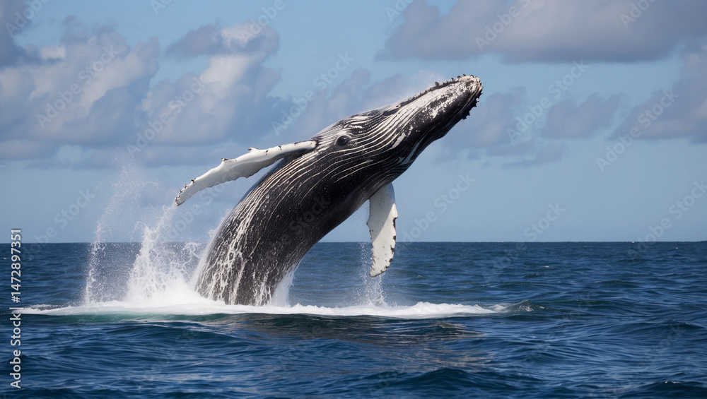Fototapeta premium “A humpback whale breaching the surface, dramatic water splash, wide angle view