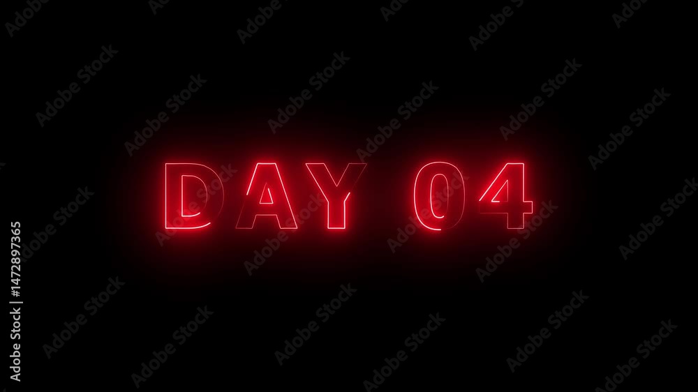 Day 4, 4 Day Text Animation Videos On Black Background. 4 Day To Go Red Logo Animation Videos. Red font against a solid black background centered well