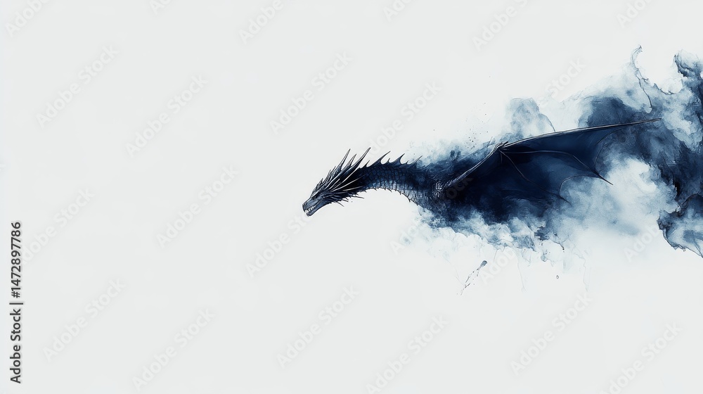 Fototapeta premium A resplendent blue dragon floats gracefully through diaphanous clouds