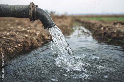 Water flows from a pipe into a ditch in a field.