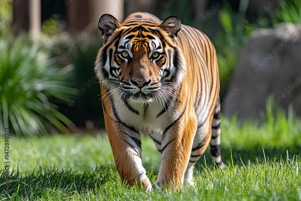 Fototapeta premium A Bengal tiger walking through lush green grass, showcasing its striking orange and black stripes in a natural habitat