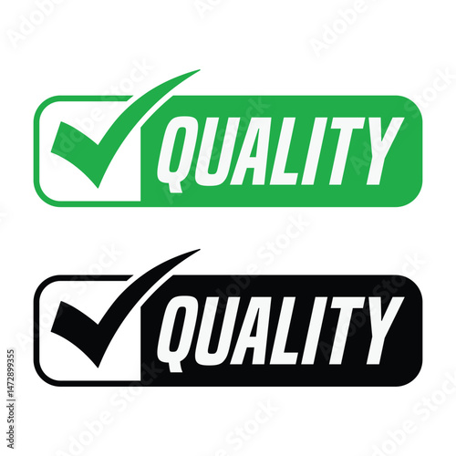 Modern Quality badges: light green and black rectangles with bold white sans-serif text and simplified check marks. Symmetrical flat design on white background. Clean digital graphic assets conveying