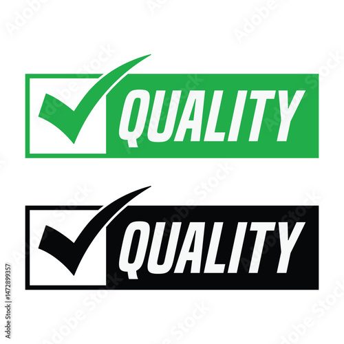 Modern Quality badges: light green and black rectangles with bold white sans-serif text and simplified check marks. Symmetrical flat design on white background. Clean digital graphic assets conveying