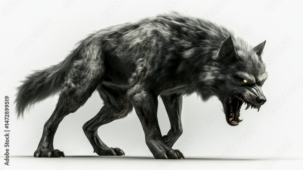 Fototapeta premium A ferocious wolf-like creature set against a white backdrop with eyes that glow