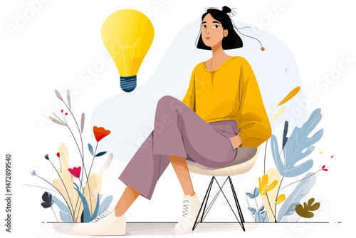Woman is sitting in a chair with a light bulb in her head. Concept of creativity and inspiration